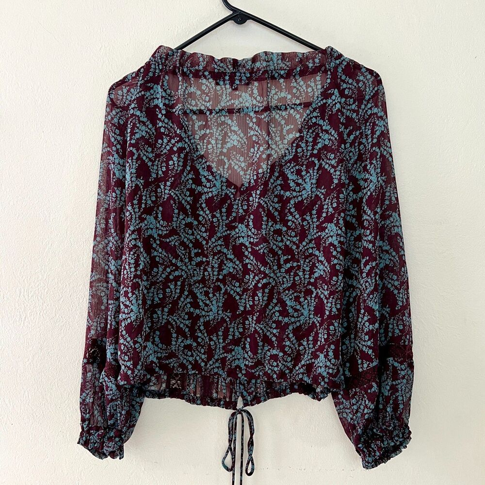 Olivaceous Burgundy Blue Floral Y2K Boho Hippie Semi-Sheer Chiffon Blouse Sz S - Picture 2 of 12